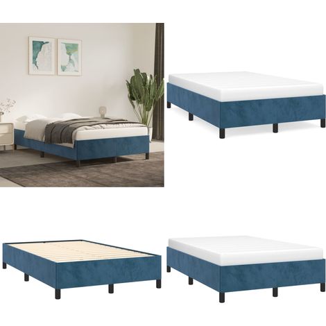 Cadre de lit sans matelas bleu foncé 120x190 cm velours - Cadre De Lit - Lit Double - Lit Velours - Lit Bleu - Meuble Chambre - Home & Living (1/4)