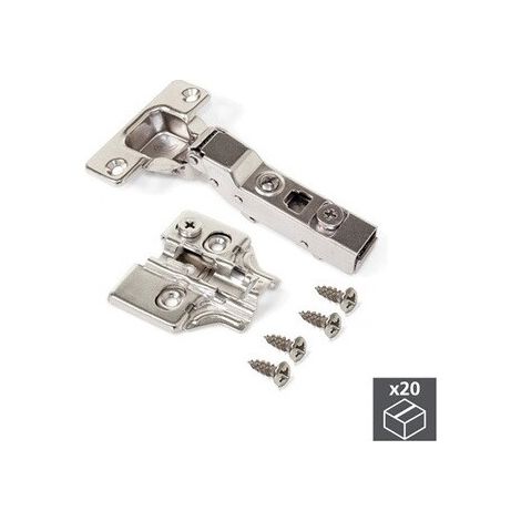 Emuca – Lot de 20 charnières coudées pour montage en applique – Acier nickelé – Réglage excentrique – Fermeture amortie – Pour meubles de cuisine et bureau