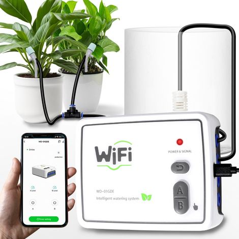 Système d’arrosage intelligent WiFi à 2 pompes, commande à distance par téléphone, kit d’irrigation goutte à goutte pour plantes d’intérieur et balcon (1/5)