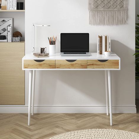 SogesHome Schreibtisch mit Schublade 110 cm Schlichter Arbeitstisch Schminktisch mit 3 Schubladen Arbeitszimmer Arbeitsplätze Schreibtische Weiß
