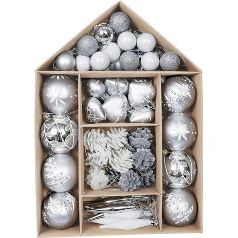 70pcs Boules de Noël Argent et Blanc, Décoration de Noël Boules avec Pendentif 3-6 cm, Boules d'arbre de Noël Thème Hiver Congelé, Boules pour Sapin de Noël Incassable (1/5)