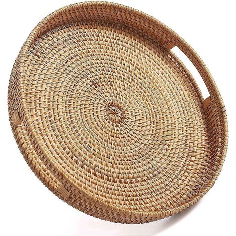 Plateau de service rond en rotin décoratif compatible avec table basse, naturel (petit) (1/5)