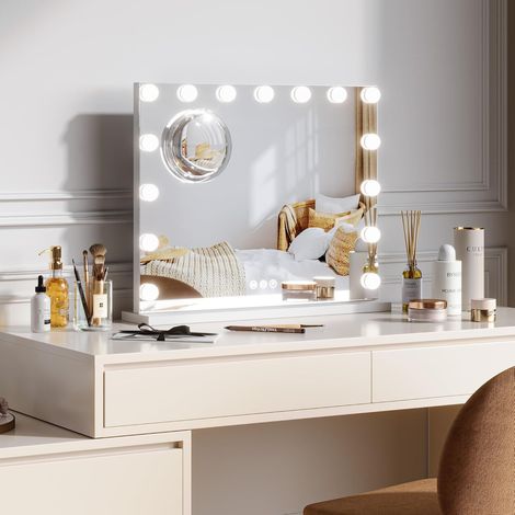 Grand Miroir Hollywood 62x12X54cm Miroir de Maquillage Beauté avec 15 Ampoules LED 3 Couleurs Mode d'éclairage Miroir Cosmétique avec Port de Charge USB pour Chambre,Salle de bain (1/5)