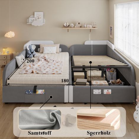 Lit pour enfant combiné, sommier hydraulique avec rangement, barrière de protection rembourrée surélevée, poche de stockage en pied de lit, velours et contreplaqué, gris, 90x200 cm, lot de 2 (1/5)