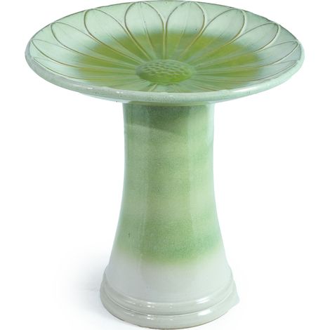 Abreuvoir à oiseaux en céramique artisanale avec vasque à décor floral en relief, Ø 43 cm, hauteur 45 cm, émail vert clair dégradé brillant, résistant au gel et aux intempéries, pour jardin ou terrass (1/4)