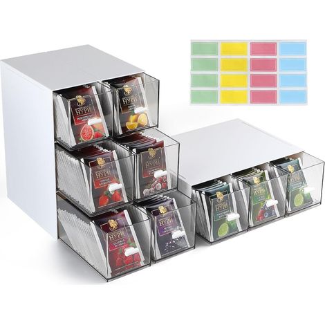 3-teilige Teebox mit Schubladen, 22,6 x 16,5 x 7,7 cm, stapelbare Aufbewahrung aus Kunststoff für Teebeutel, Gewürze und Kaffeepads