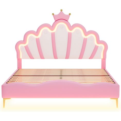Lit double 140 x 200 cm rose en PU avec LED, tête de lit couronne HOMVRA (1/5)