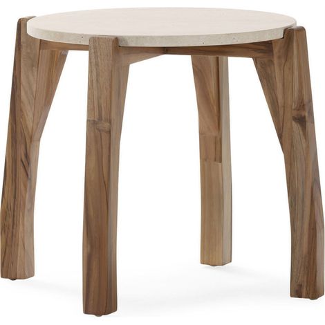 Table d'appoint ronde en teck et travertin - naturel et crème (1/4)