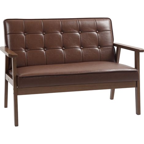 HOMCOM sofá de 2 plazas tapizado en PU sofá de salón con reposabrazos de madera respaldo acolchado carga 250 kg sofá pequeño para dormitorio marrón (1/5)