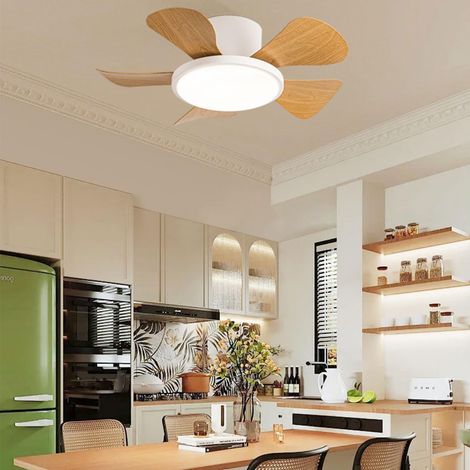 Ventilateur de plafond LED 76 cm, 5 pales ABS, télécommande et commande murale, 3 températures de couleur, 6 vitesses, moteur DC silencieux, Blanc et finition bois (1/5)
