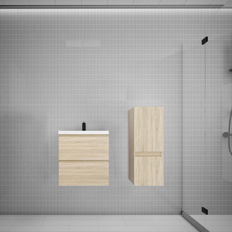 Aica Ensemble meuble vasque L.50cm chêne 2 tiroirs + colonne + lavabo (1/5)