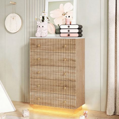Commode 5 Tiroirs - 73x40x111 cm - Moderne Meubles de Rangement Buffet avec Éclairage LED - 3 Couleurs Réglables -  Avec poignée pour Chambre, Salon, Naturel
