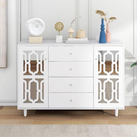 Buffet 147.5x40x102 cm blanc en MDF avec façades miroir, 2 portes, 4 tiroirs et étagères réglables (1/5)