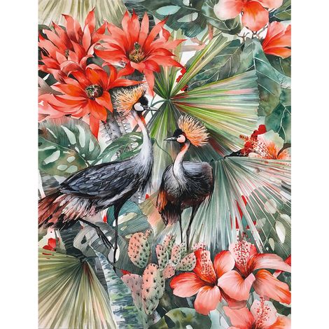 Papier peint panoramique oiseaux vert & rose Tapisserie panoramique tropical avec oiseaux pour cuisine Papier peint panoramique exotique salon (1/2)