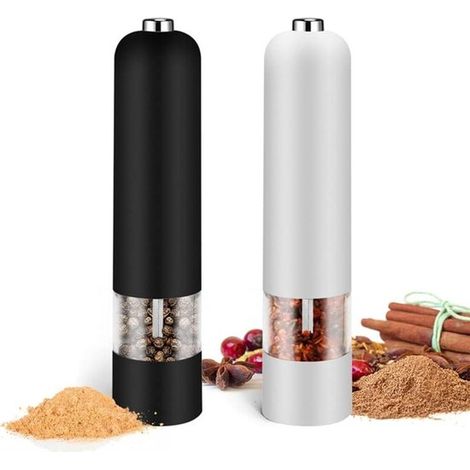 Juego de molinillos eléctricos de pimienta y sal - Molinillo de pimienta de 22 cm - Grado de molienda ajustable - Molinillo de especias de 2 piezas - Luz LED - Plástico - Funciona con pilas - Negro/Bl (1/5)