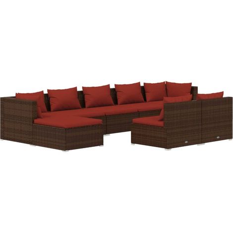 Salon de jardin avec coussins 9 pcs Mobilier de jardin marron résine tressée (1/5)