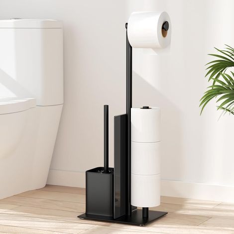 1 - Porte Rouleau Papier Toilette - Brosse WC - Support Debout en Acier Inoxydable avec Étagère en Verre et Rangement pour 3 Rouleaux - Salle de Bain - Noir Mat - 25x15x60cm (1/5)
