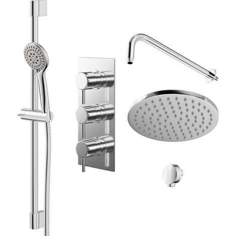 Circo Polished Chrome Triple Thermostatic Valve Mixer Shower with Round Fixed Head and Avon Shower Slide Rail Kit - 2 Outlet (1/5)