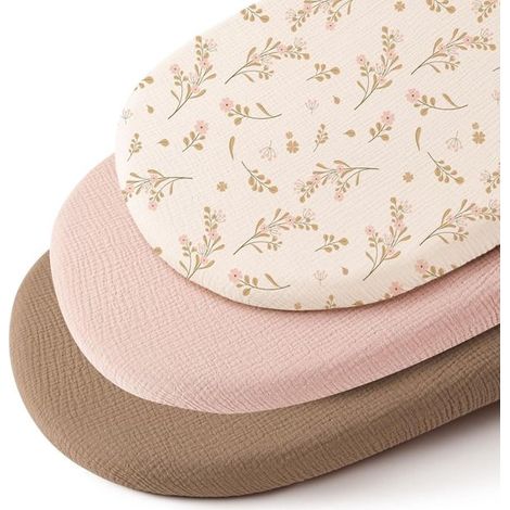 Ensemble de 3 draps-housses en mousseline de coton pour cododo, compatibles avec les parcs pour bébé et poussettes. 100 % mousseline de coton douce, cadeau de maternité, motif floral rose poudré, 41 x (1/5)