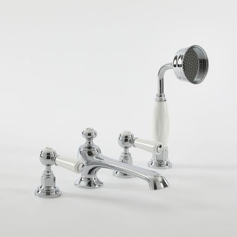 Mélangeur Bain Douche Rétro 4 Trous - Chromé & Blanc - Commandes Leviers - Elizabeth