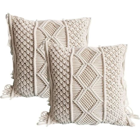 Coussin décoratif en macramé - Coton - Style bohème - Avec pompons - Pour canapé, lit, déco intérieure (1/4)