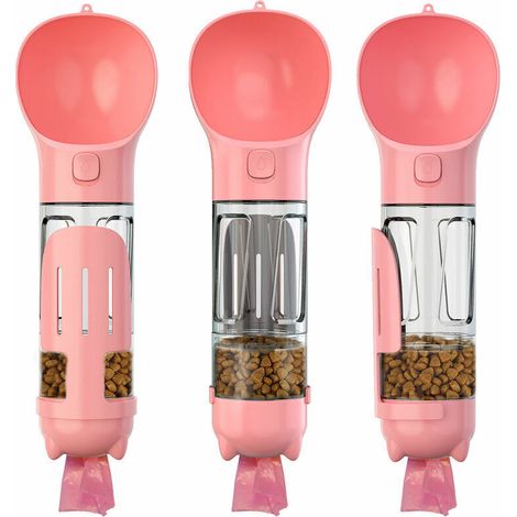 Chien Bouteille D'Eau Pour La Marche Distributeur D'Eau Portable Pet Voyage MultiFonctionnelle Tasse D'Eau Boite Alimentaire Avec Pelle Merde, Rose (1/5)