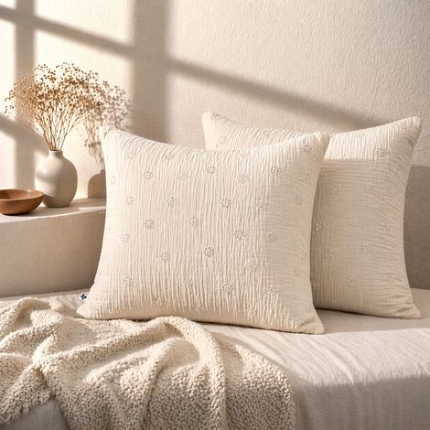 Lot de 2 Taies d’Oreiller 60 x 60 cm – Gaze de Coton Brodée – GAÏA BOHO Pampa