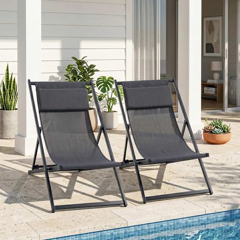 Set 2 chaises longues pliantes extérieur, fauteuil inclinable en aluminium, 96.5x58x91.5 cm, gris anthracite (1/5)