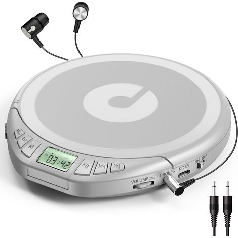 Portable CD Player with Headphones LCD Screen Anti-Jump Protection HiFi Classic Playback Memory Function Prog Personal CD Player for Car Home (Silver) (1/5)