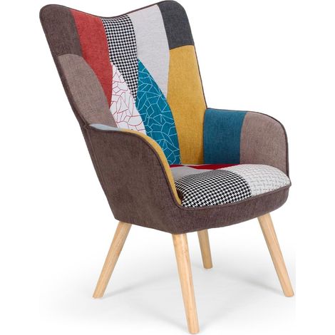 Cotecosy – Fauteuil relax scandinave Klarys – Tissu patchwork multicolore – Haut dossier capitonné – Dimensions L64 x P75 x H99 cm (1/5)