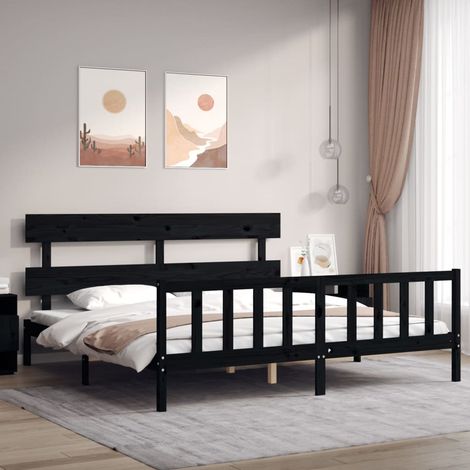 Lit adulte Contemporain avec tête de lit  Cadre de lit noir 200x200 cm bois massif 73274 (1/5)