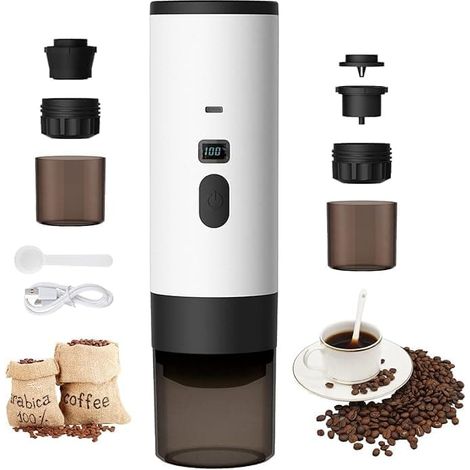 Cafetera portátil 3 en 1 con puerto USB: para café en cápsulas y espresso, ideal para la oficina, acampadas, el coche y los viajes. Color blanco. (1/5)