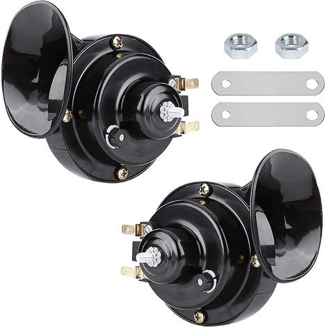 Lot de 2 klaxons pneumatiques escargot 300 dB, klaxon électrique 12 V, klaxon ultra-puissant, étanche, universel pour voiture, camion, moto, bateau, noir (1/5)