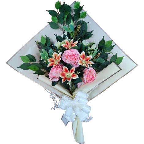 Bouquet de Fleurs artificielles pour cimetière avec Vase à Mettre dans Le Pot du Vase 78 x 63 x 20 cm (lys Roses) (1/5)