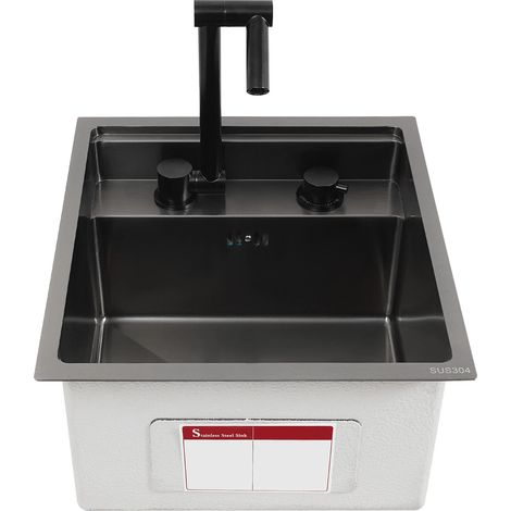 Lavello da cucina quadrato nascosto 43x39 cm, lavello da cucina da incasso in acciaio inox nero con rubinetto, vasca singola con coperchio (1/5)