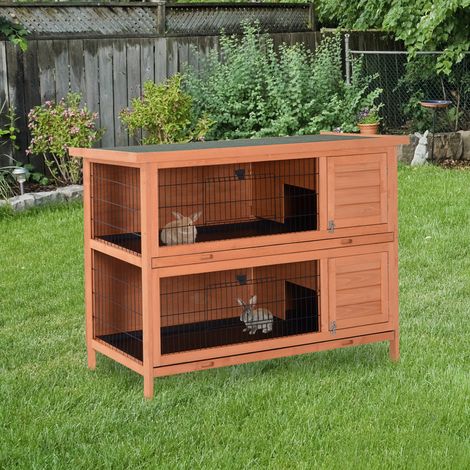 Clapier sur pieds cage à lapin double niveau – Plateaux excréments coulissants. 4 portes verrouillables. dimensions 137 x 50 x 93 cm. pin massif toit bitumé vert – Habitat spacieux pour rongeurs (1/5)