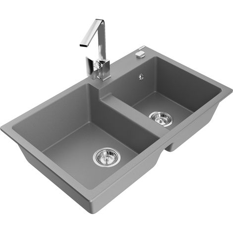 Mexen Tomas 2-Becken-Granitspüle mit Mischbatterie Rita, Grau - 6516-71-670300-00 (1/5)