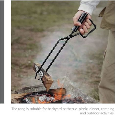 Filiyano-Pince à bois en acier inoxydable avec manche en bois pour barbecue et cheminée de camping, noire, 40 cm