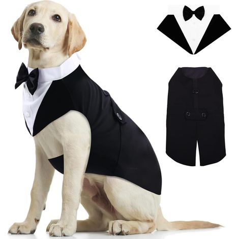 Costume de Mariage pour Chien Smoking Élégant avec Nœud Papillon Bandana Ajustable Tenue de Fête Cérémonie pour Petits Moyens et Grands Chiens Noir (1/5)