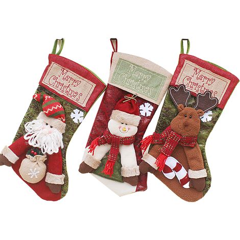 Lot de 3 chaussettes de Noël, toile de jute, motifs Père Noël renne bonhomme de neige, décoration sapin cheminée intérieur (1/5)