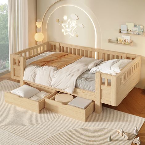 Lit simple enfant 90 x 200 cm avec rangements intégrés- éclairage LED- dimensions 206 x 94 x 60 cm- design moderne- en bois massif et MDF- Bois (1/5)