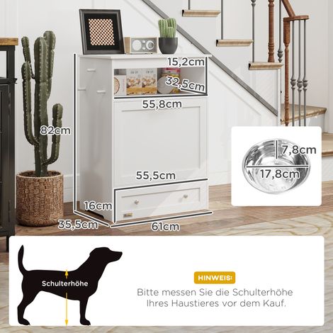Futterstation für Haustiere, Aufbewahrungsschrank für Haustierbedarf, mit Futterschüsseln, Haken für Leinen, MDF, Weiß (1/5)