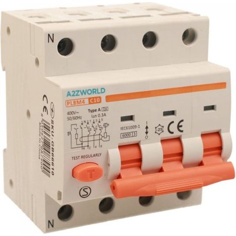 RCBO Interruttore Magnetotermico Differenziale Tipo A Curva C 3P+N 4M 6000A 300mA C10A AC 400V IP20 IEC61009-1 PL8M4