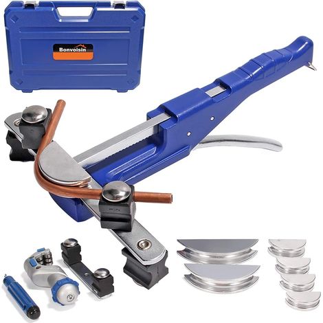 Manual tube bender for 6-22mm (1/4'' - 7/8'') with a bending range of 0-90°, featuring a tube cutter and deburring tool for copper and aluminum tubing (6-22mm front bend).