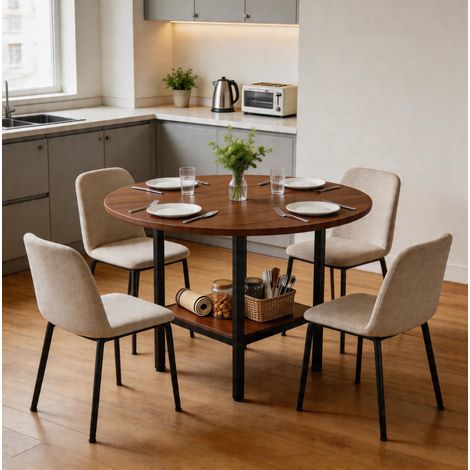 Tavolo da pranzo rotondo con vano contenitore, 100 cm, MDF e metallo, noce DESVIAE (1/5)