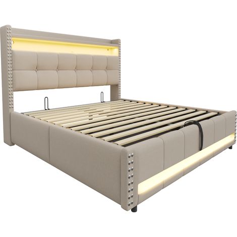 Lit rembourré 180 x 200 cm avec éclairage LED et prise USB, tête de lit avec étagères et rangement, système hydraulique de rangement, lit double adulte, tissu en lin beige (1/5)