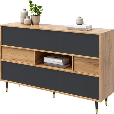 Buffet de rangement bicolore noir et bois clair 140 cm avec 2 tiroirs, niche ouverte, 2 portes latérales et abattants, meuble salon salle à manger CHICFURN (1/5)