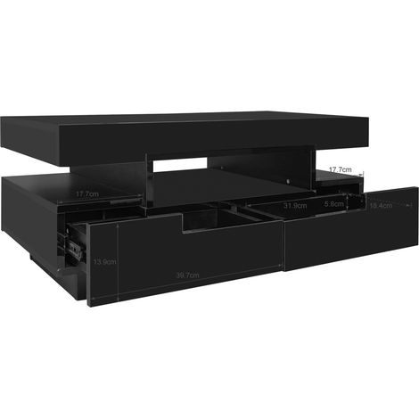 Mesa de centro negra brillo con luz LED, 3 compartimentos abiertos y 4 cajones, 80 x 50 x 36 cm (1/5)
