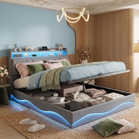 Lit Coffre 140x190 cm Velours Gris - Tête de Lit Rabattable avec Rangement, LED et USB - lit double capitonné avec Sommier Inclus - Moderne (1/5)