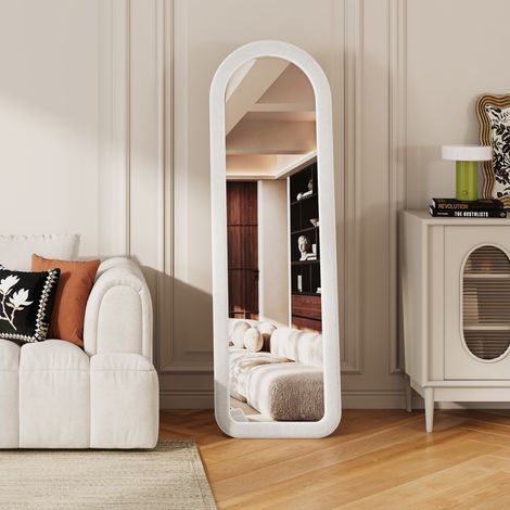 Miroir sur pied arqué 160x50 cm - Miroir corps entier style romantique avec cadre flanelle - Blanc (1/5)